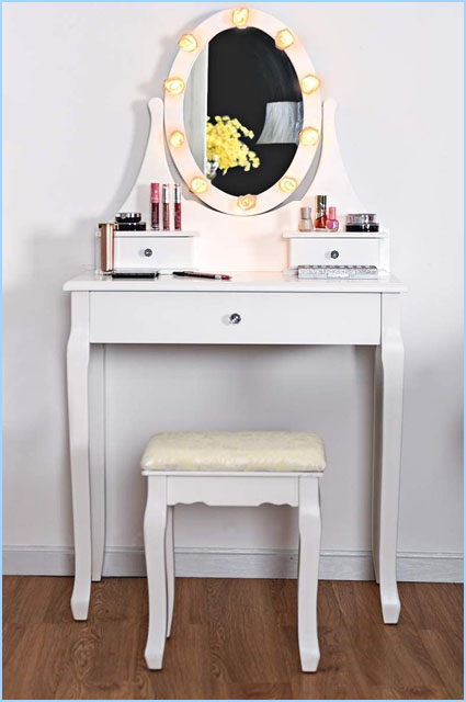 el baño o el salón Taburete Organizador de Mesa de Maquillaje con Espejo Grande Ideal para el Dormitorio Espejo Ovalado ARTETHYS Tocador de Maquillaje Moderno con Luces 